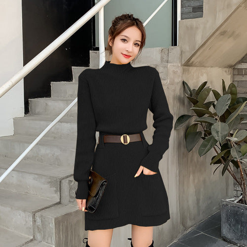 Damen Strickkleid mit hochgeschlossenem Kragen und praktischen Taschen EB