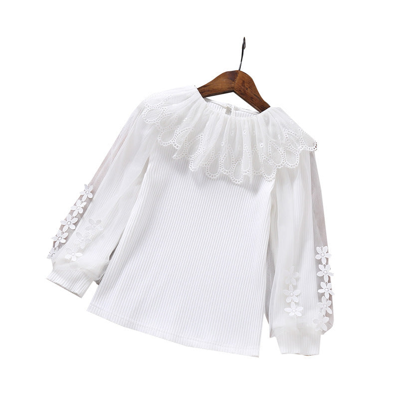 Damen elegante Bluse mit romantischem Tüllkragen und floralem Details EB