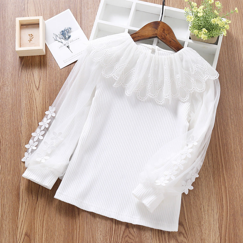 Damen elegante Bluse mit romantischem Tüllkragen und floralem Details EB