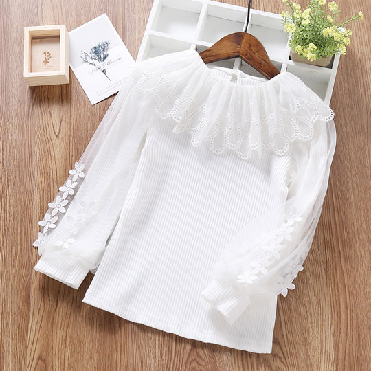 Damen elegante Bluse mit romantischem Tüllkragen und floralem Details EB