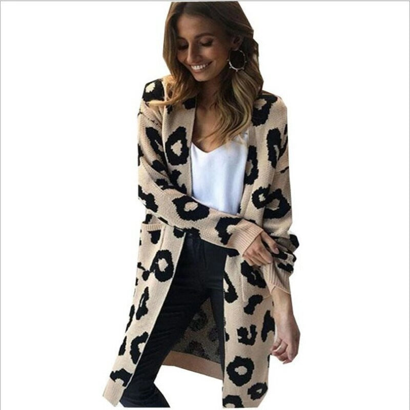 Damen Eleganter Strickcardigan mit Leopardenmuster EB