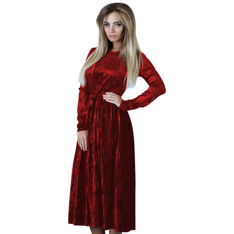 Damen elegantes Maxikleid aus luxuriösem Samt mit tailliertem Schnitt und langen Ärmeln EB