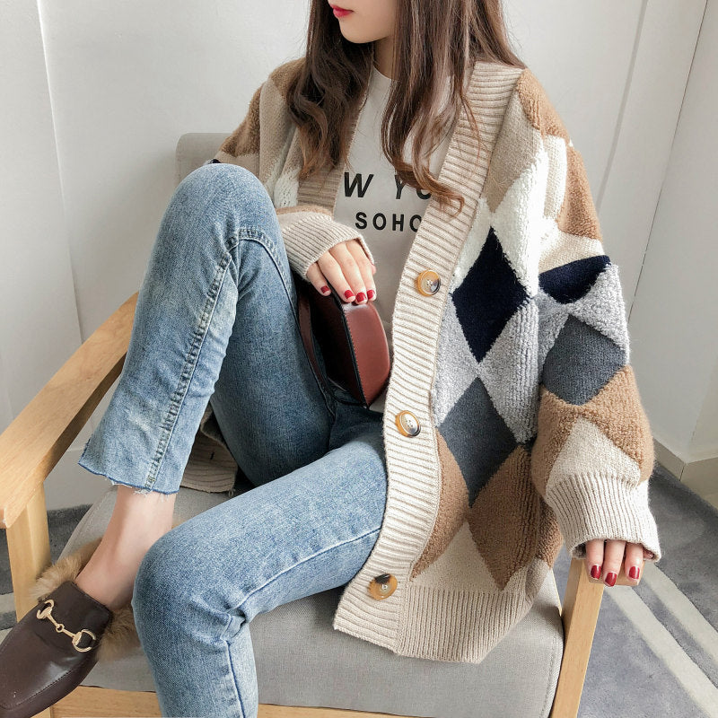 Damen Grobstrick Cardigan mit geometrischem Muster und großen Taschen EB