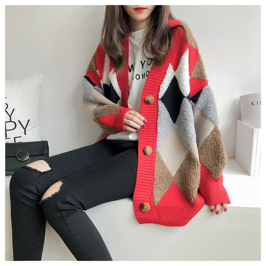 Damen Grobstrick Cardigan mit geometrischem Muster und großen Taschen EB