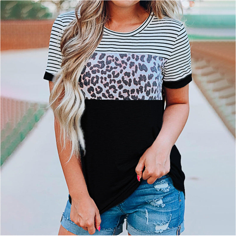 Damen Modisches T-Shirt mit Streifen- und Leoprint-Design EB