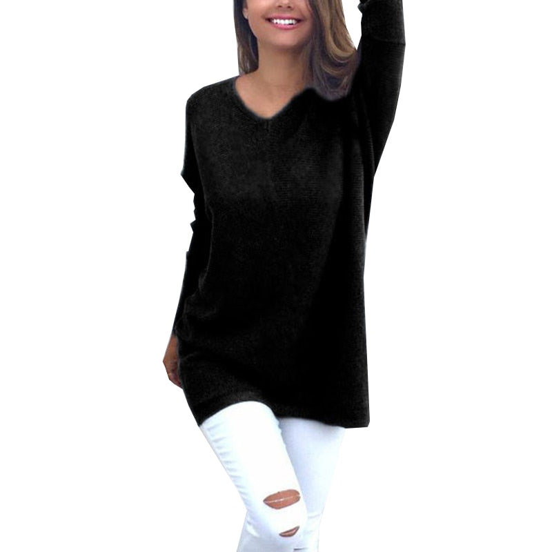 EB - Sweater |Eleganter langer Pullover mit V-Ausschnitt für Damen