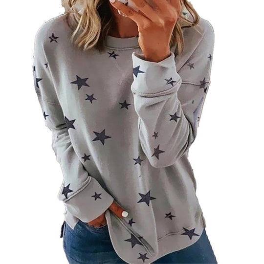 Damen nan locker geschnittenes Sternen-Print Sweatshirt mit Rundhalsausschnitt, verlängertem Rücken und seitlichen Schlitzen EB