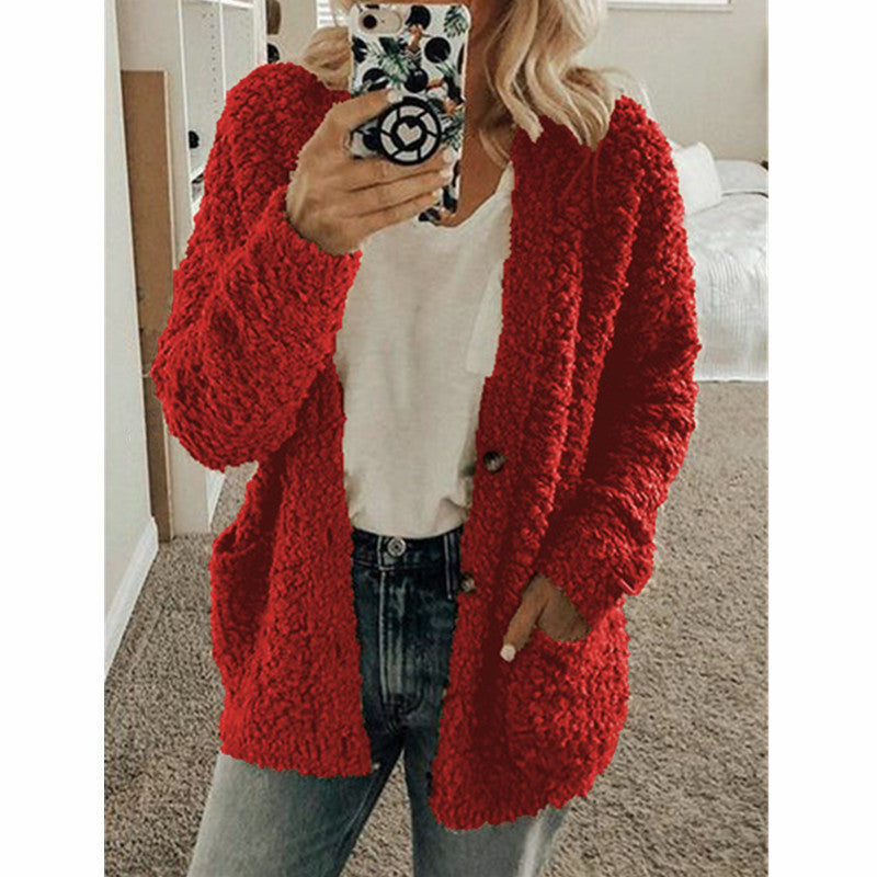 Damen nan locker geschnittener Teddy-Flausch-Cardigan mit dezenter Knopfleiste und aufgesetzten Eingrifftaschen EB