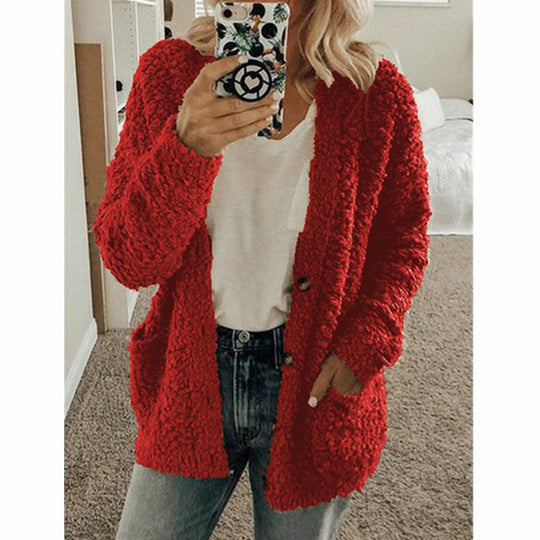 Damen nan locker geschnittener Teddy-Flausch-Cardigan mit dezenter Knopfleiste und aufgesetzten Eingrifftaschen EB