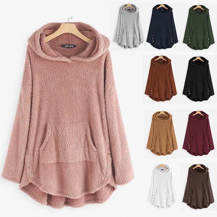 Damen nan kuscheliger Teddy-Kapuzenpullover mit Kängurutasche, Knopfleiste an den Seiten und abgerundetem Saum EB