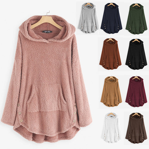 Damen nan kuscheliger Teddy-Kapuzenpullover mit Kängurutasche, Knopfleiste an den Seiten und abgerundetem Saum EB