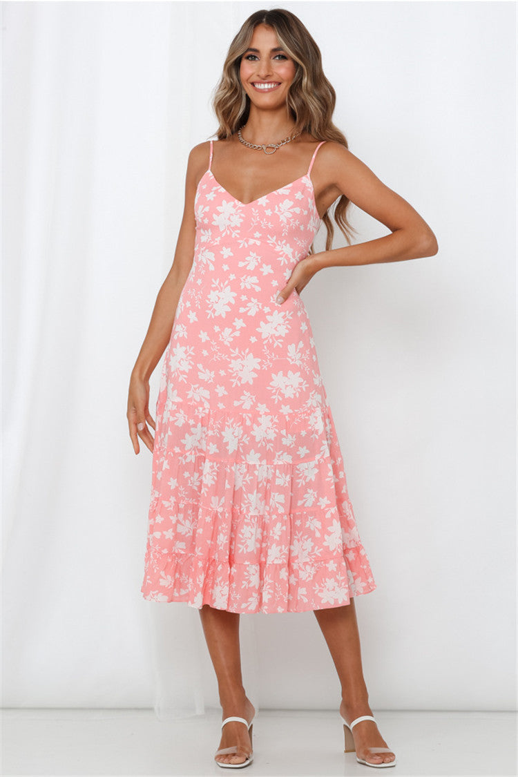 Damen Sommerliches Blumenkleid mit romantischem Volant und Spaghettiträgern EB