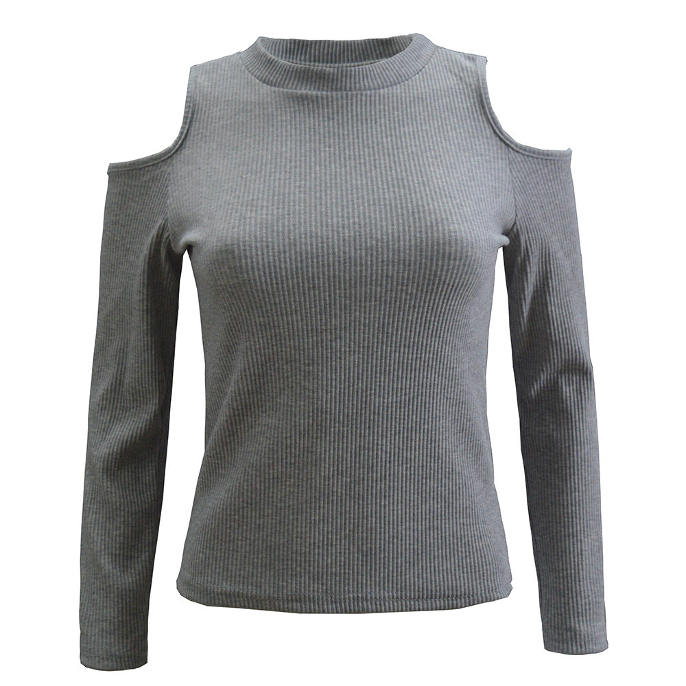 Damen schulterfreier Pullover mit langem Arm im feinen Rippenstrick EB