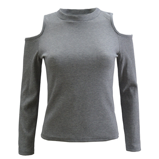 Damen schulterfreier Pullover mit langem Arm im feinen Rippenstrick EB