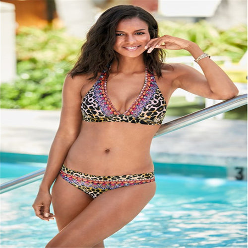 Damen Triangel-Bikini-Set mit auffälligen Mustern und verstellbaren Bindebändern EB