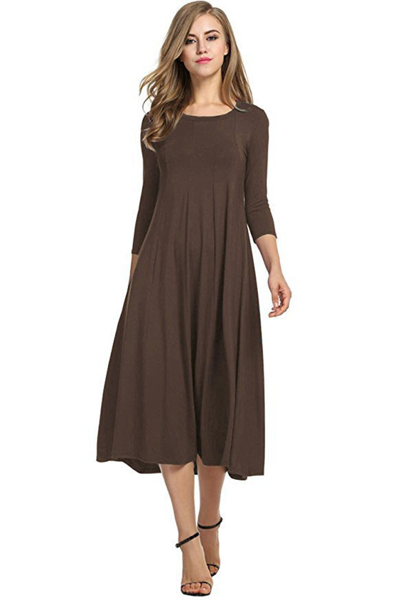 EB | Quadrat-Ausschnitt 3/4-Lange Uni-Farbe Midi-Kleid