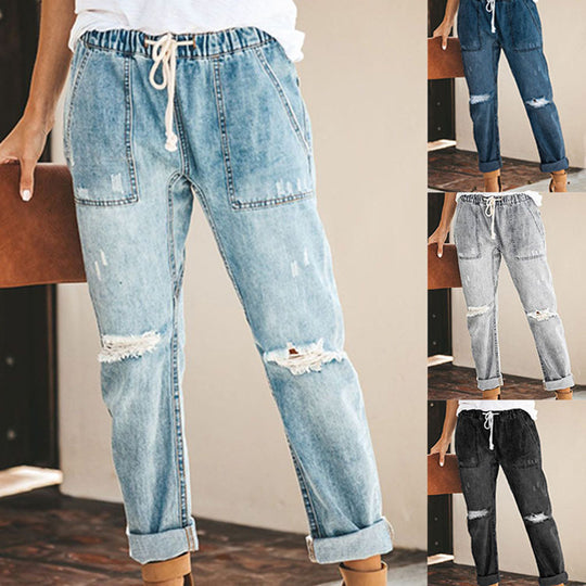 Damen entspannte Jeans mit verstellbarem Bund und modischen Rissen EB
