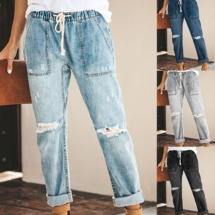 Damen modische Jeanshose mit hohem Bund und lässigem Schnitt EB