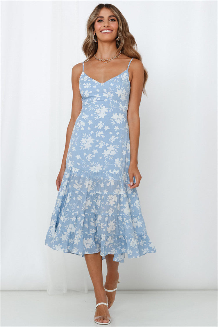 Damen Sommerliches Blumenkleid mit romantischem Volant und Spaghettiträgern EB