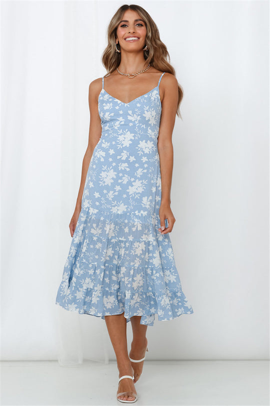 Damen Sommerliches Blumenkleid mit romantischem Volant und Spaghettiträgern EB