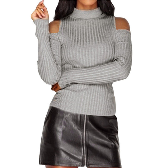 Damen schulterfreier Pullover mit langem Arm im feinen Rippenstrick EB