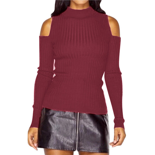 Damen schulterfreier Pullover mit langem Arm im feinen Rippenstrick EB