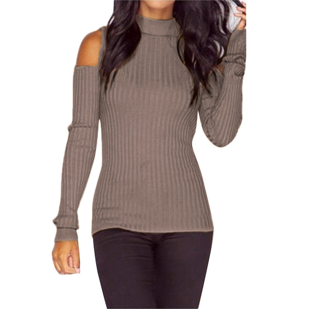 Damen schulterfreier Pullover mit langem Arm im feinen Rippenstrick EB