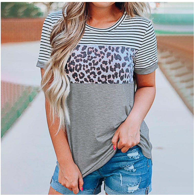 Damen Modisches T-Shirt mit Streifen- und Leoprint-Design EB