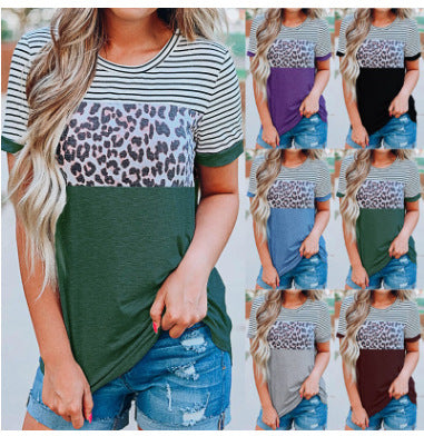 Damen Modisches T-Shirt mit Streifen- und Leoprint-Design EB