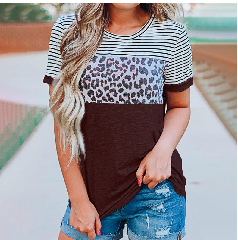 Damen Modisches T-Shirt mit Streifen- und Leoprint-Design EB