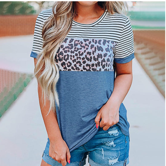 Damen Modisches T-Shirt mit Streifen- und Leoprint-Design EB