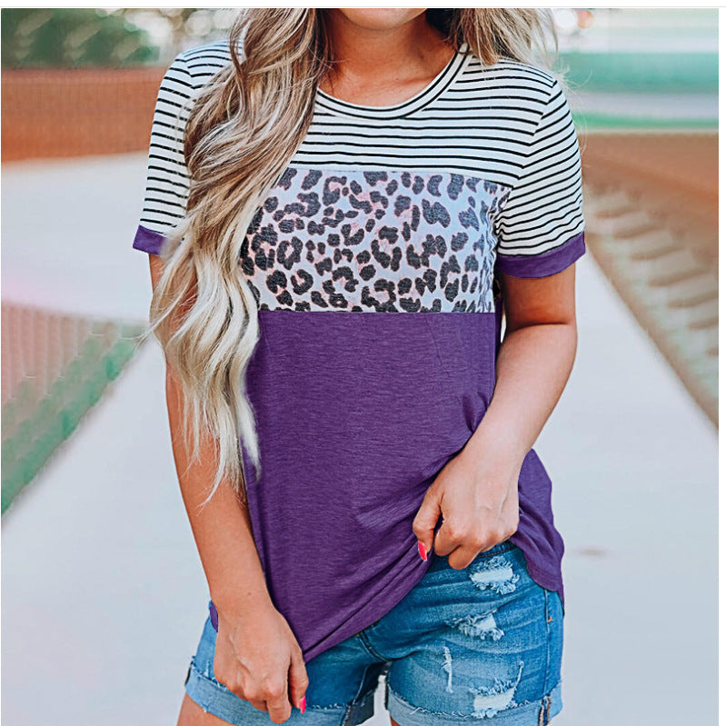 Damen Modisches T-Shirt mit Streifen- und Leoprint-Design EB