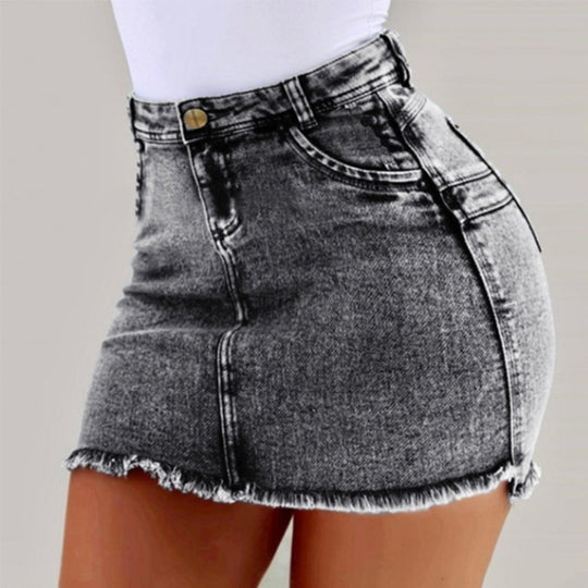 Damen Denim-Minirock im figurbetonten Schnitt mit fransigem Saum EB