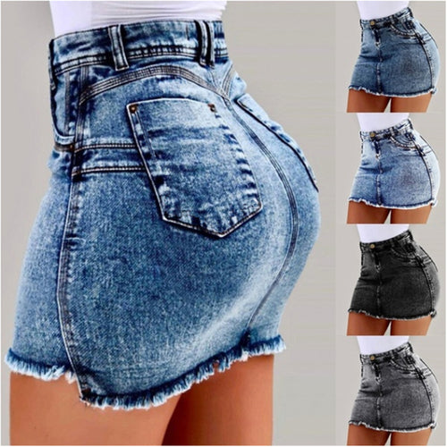 Damen Denim-Minirock im figurbetonten Schnitt mit fransigem Saum EB