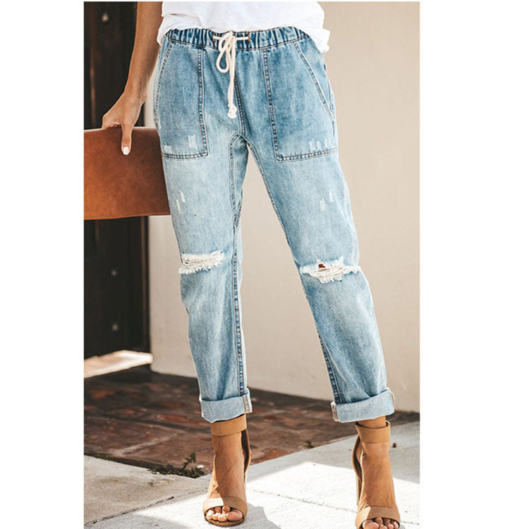 Damen entspannte Jeans mit verstellbarem Bund und modischen Rissen EB