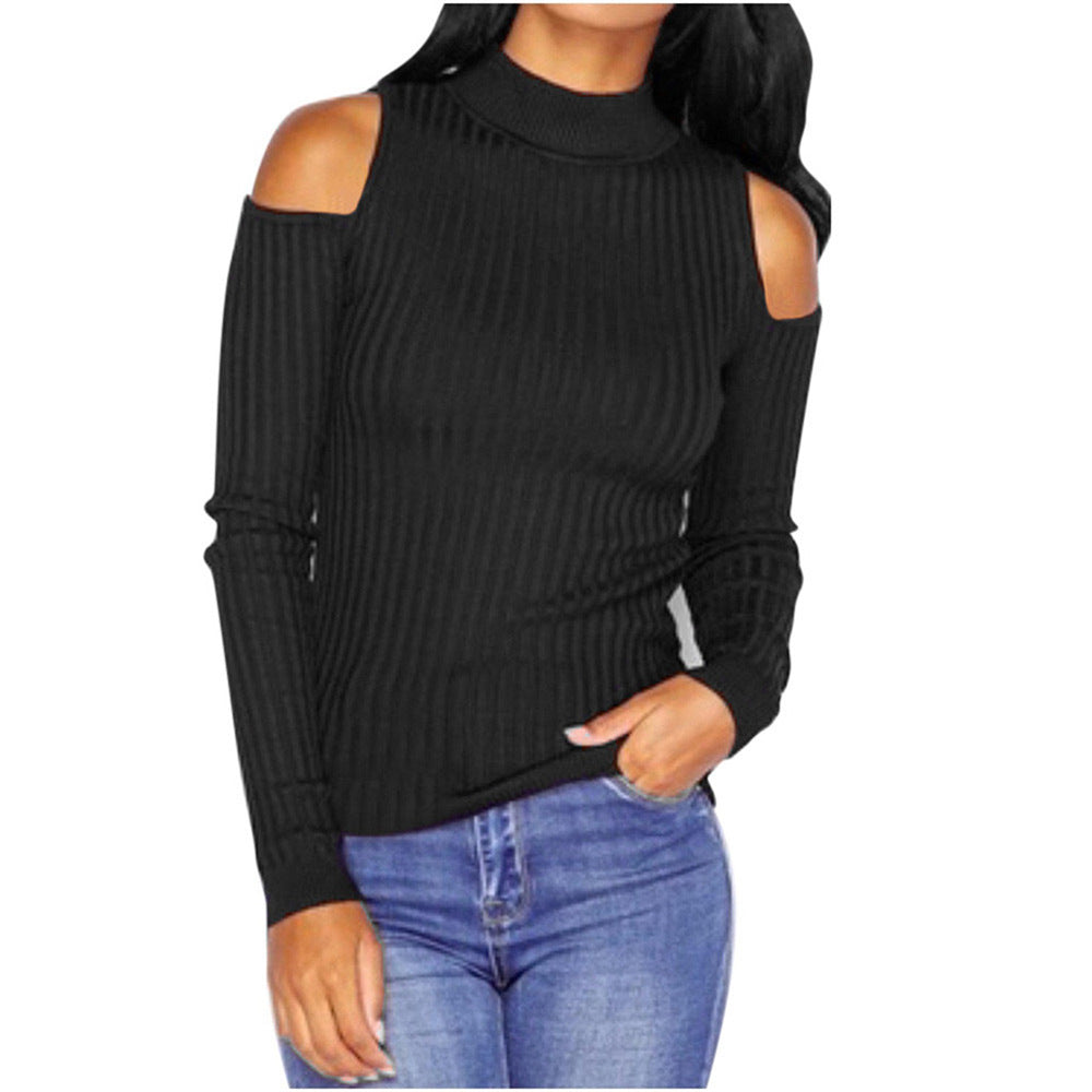 Damen schulterfreier Pullover mit langem Arm im feinen Rippenstrick EB