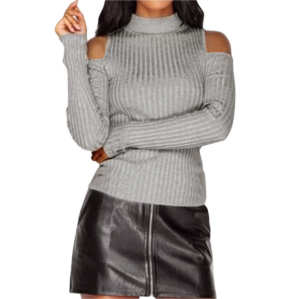Damen schulterfreier Pullover mit langem Arm im feinen Rippenstrick EB
