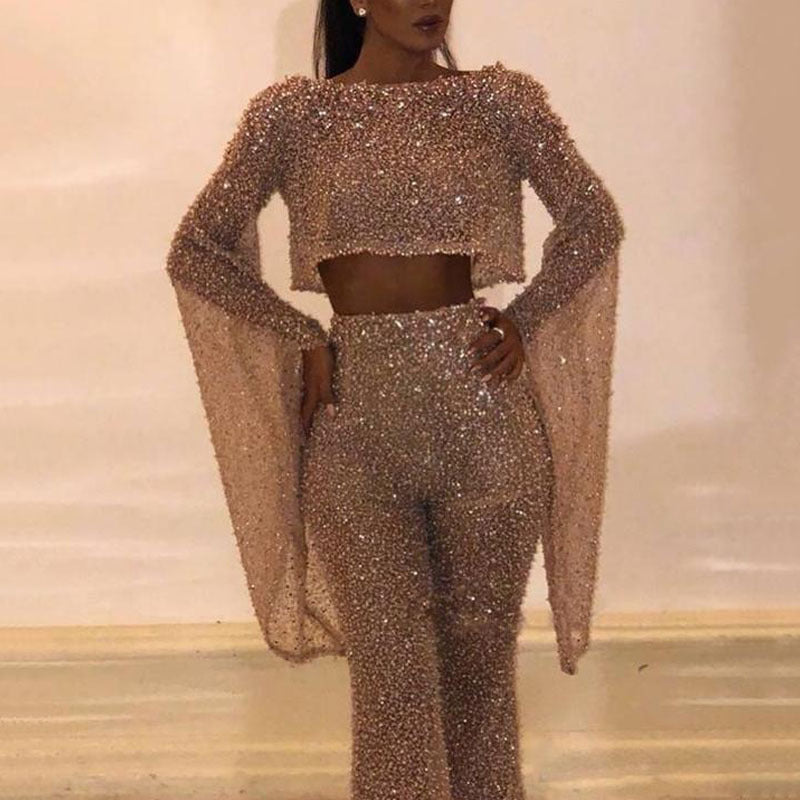 Damen Glitzerndes Zweiteiliges Set mit weitem Bein und langen Ärmeln EB