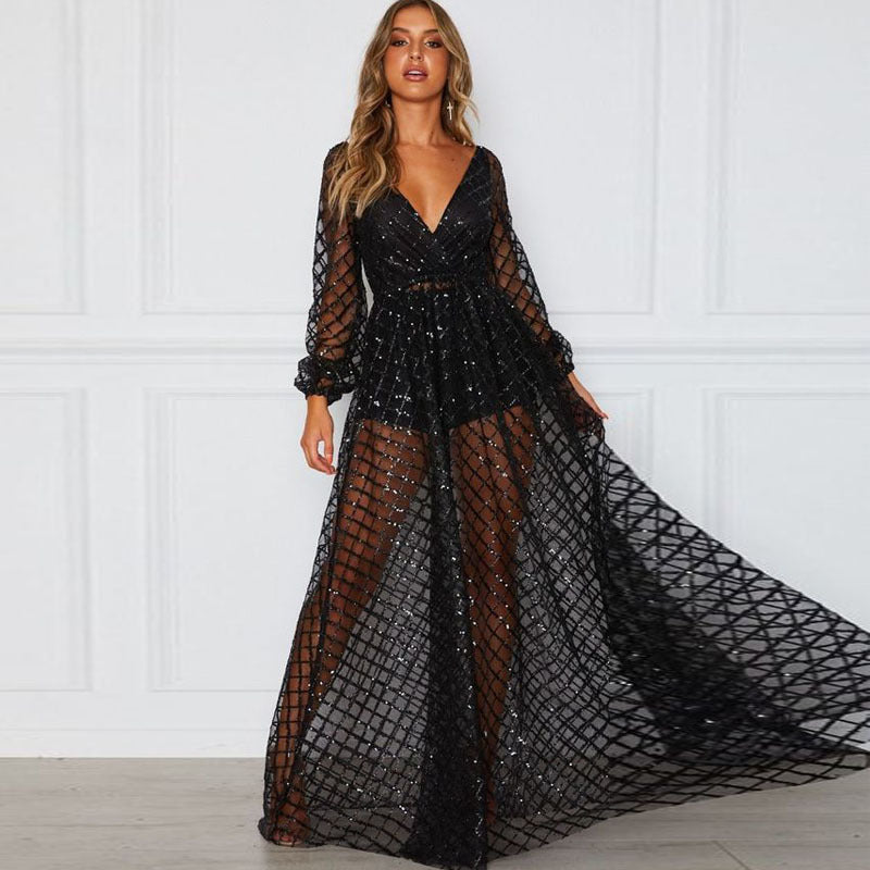 Damen Elegantes Transparenzkleid mit glanzvollen Akzenten EB