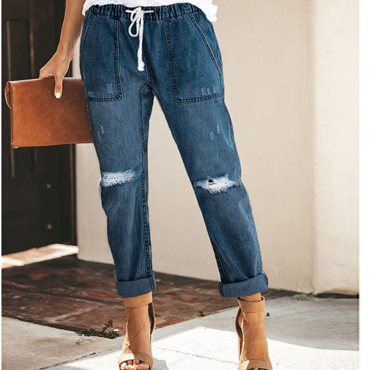 Damen entspannte Jeans mit verstellbarem Bund und modischen Rissen EB