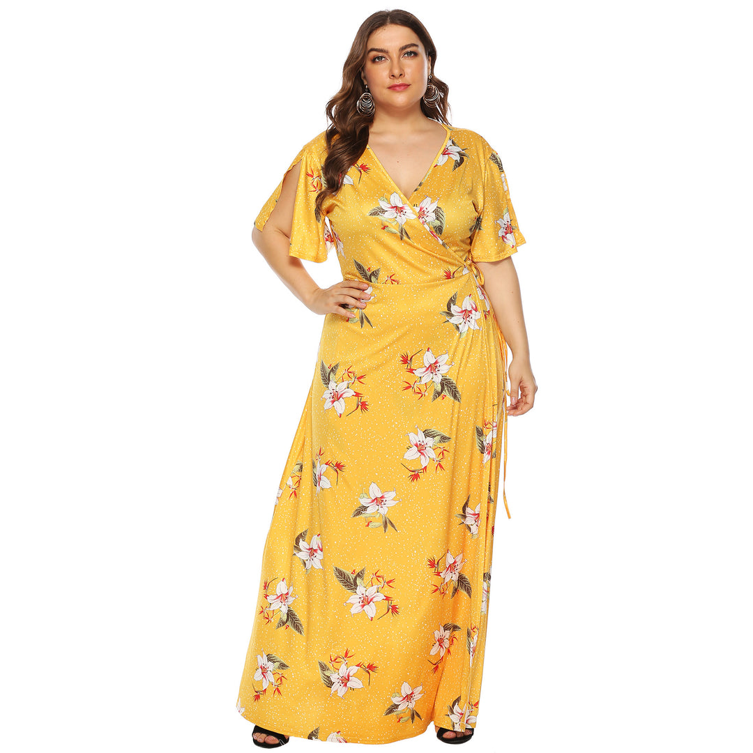 Damen Maxi-Kleid mit eleganten Flügelärmeln und tiefem V-Ausschnitt EB