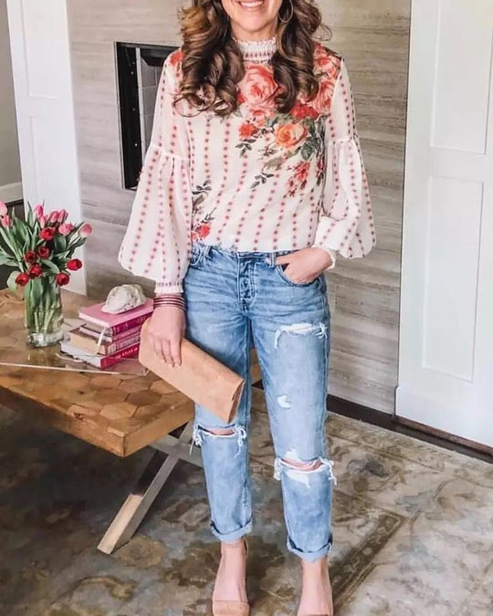Damen Blumenbluse mit Rüschendetails und voluminösen Ärmeln EB