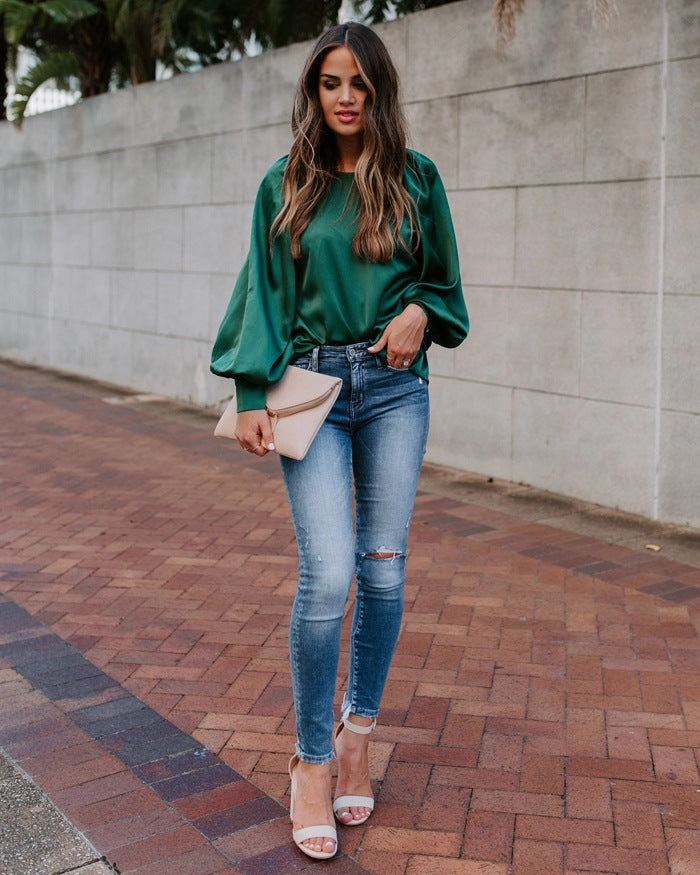 Damen Satinbluse mit voluminösen Ärmeln und elegantem Schnitt EB
