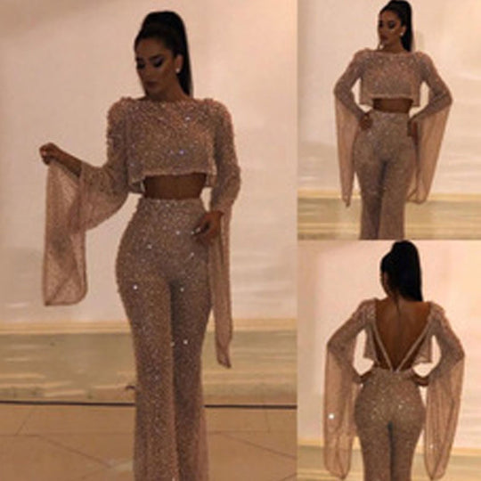 Damen Glitzerndes Zweiteiliges Set mit weitem Bein und langen Ärmeln EB