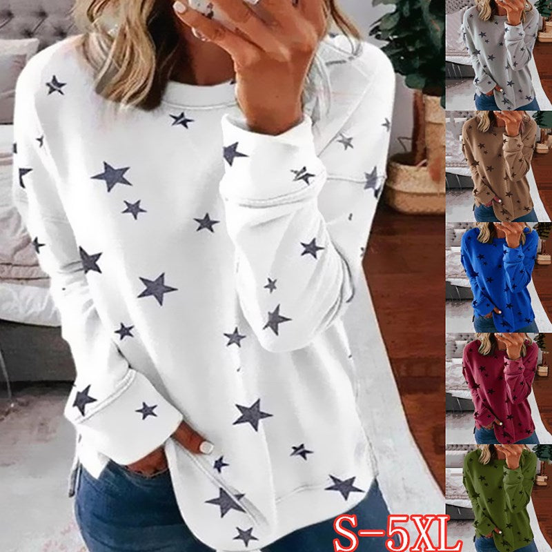 Damen nan locker geschnittenes Sternen-Print Sweatshirt mit Rundhalsausschnitt, verlängertem Rücken und seitlichen Schlitzen EB