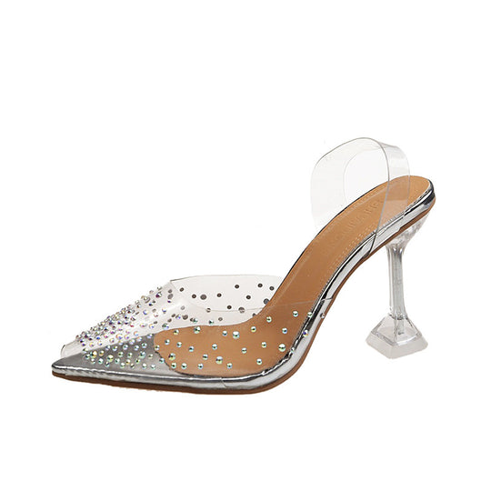 Damen nan PVC-Mule mit spitzer Kappe Strassbesatz Plexiglas-Absatz und gepolstertem Fußbett EB