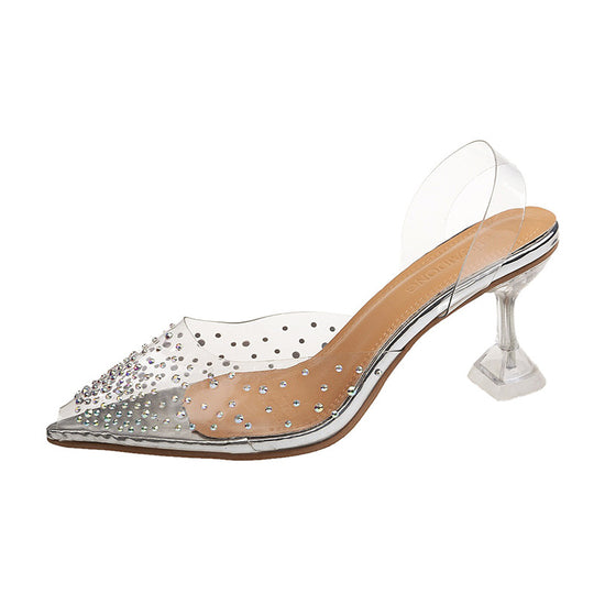 Damen nan PVC-Mule mit spitzer Kappe Strassbesatz Plexiglas-Absatz und gepolstertem Fußbett EB