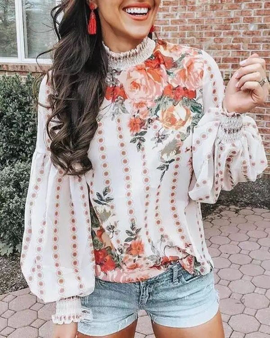 Damen Blumenbluse mit Rüschendetails und voluminösen Ärmeln EB