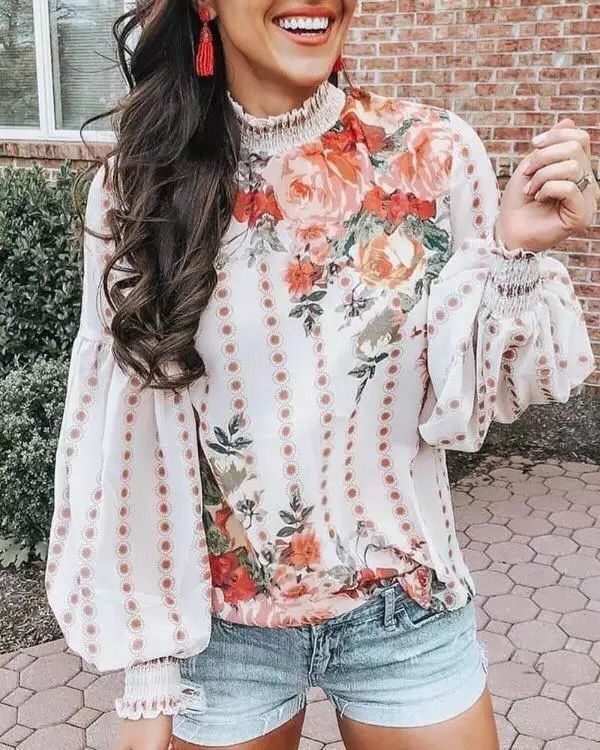 Damen Blumenbluse mit Rüschendetails und voluminösen Ärmeln EB