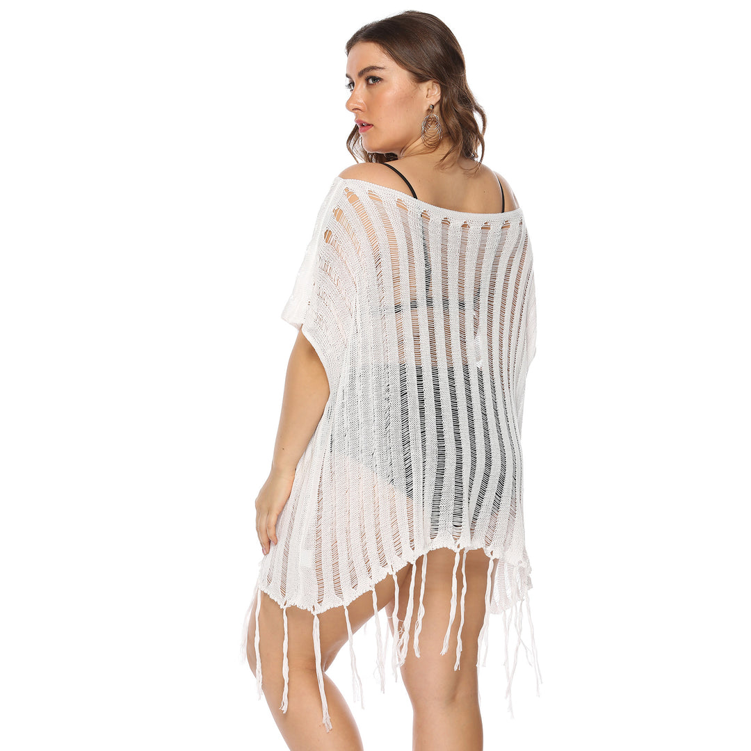 Damen luftiger Häkel-Strandüberwurf mit trendy Fransen EB